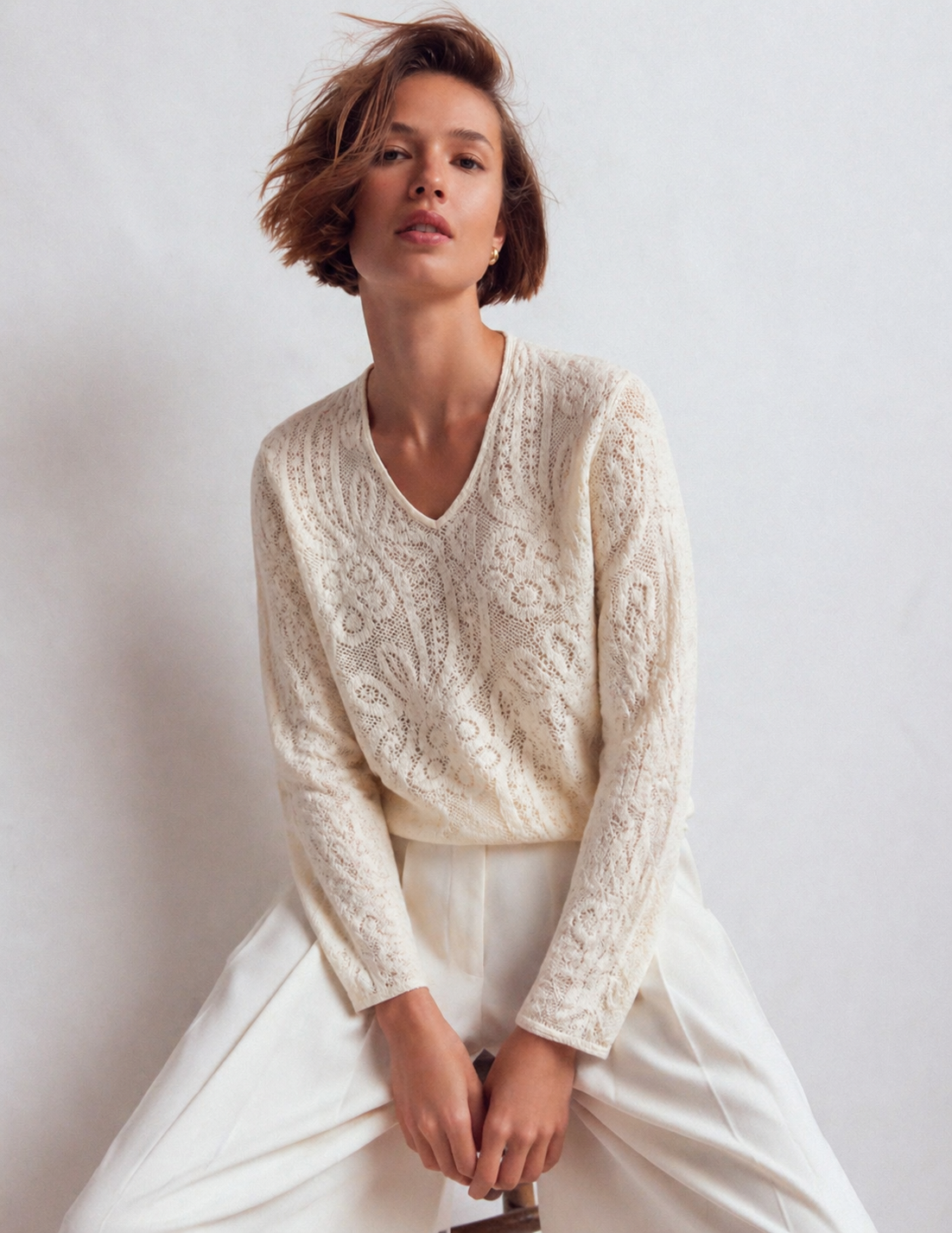 Jacquard Lace V-Neck Pullover