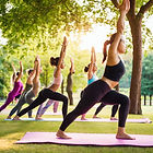 A group doing yoga in a serene park, fol