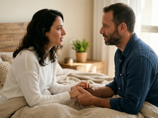 זוג יושב במיטה ומדבר בכנות תוך החזקת ידיים – תקשורת פתוחה על מיניות בזוגיות