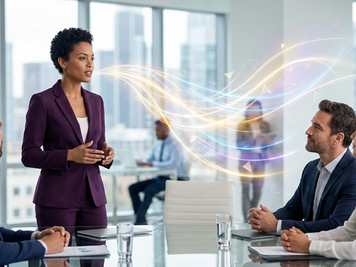 אישה עם אישיות חזקה בחליפה סגולה מקצועית מציגה בביטחון בחדר ישיבות מודרני מול קולגות. גלי אור זהובים וגאומטריים בוקעים מפיה, המייצגים את כוח המילים, התקשורת האסרטיבית וההשפעה שלה. ברקע ניבט נוף עירוני של גורדי שחקים.