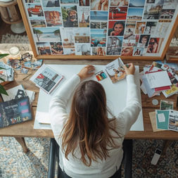 אישה יושבת ליד שולחן ויוצרת לוח חזון אישי עם תמונות, מחברת וחפצים אישיים – תהליך רגשי של יצירת חזון, חיבור פנימי ובניית יציבות בתקופה של שינוי.