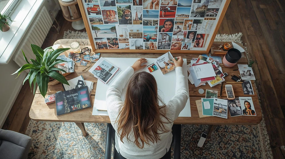 אישה יושבת ליד שולחן ויוצרת לוח חזון אישי עם תמונות, מחברת וחפצים אישיים – תהליך רגשי של יצירת חזון, חיבור פנימי ובניית יציבות בתקופה של שינוי.