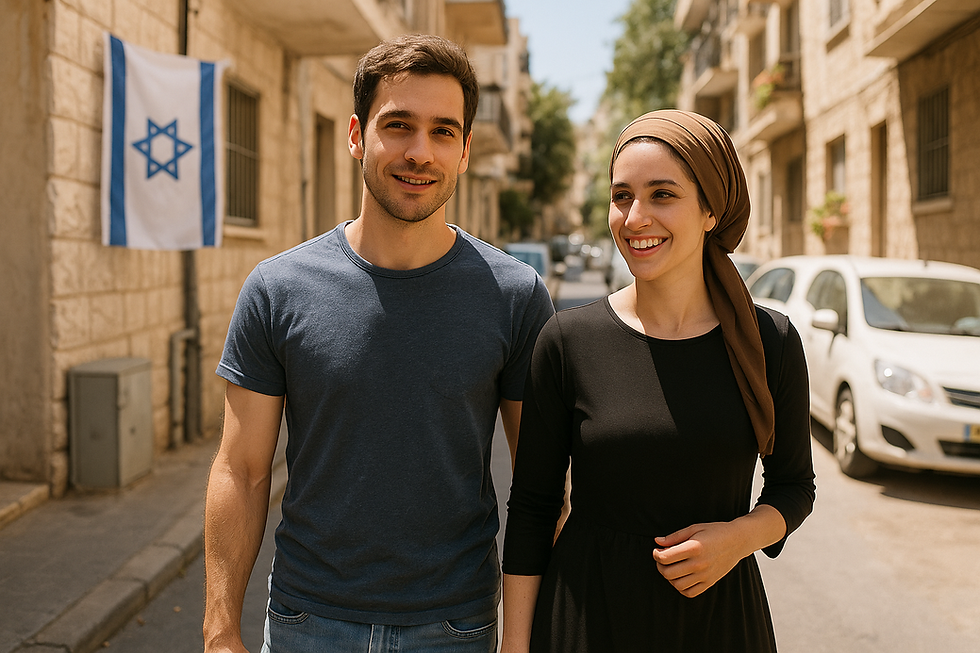 גבר חילוני ישראלי ואישה דתייה צועדים יחד ברחוב בישראל, מחייכים ונראים קרובים