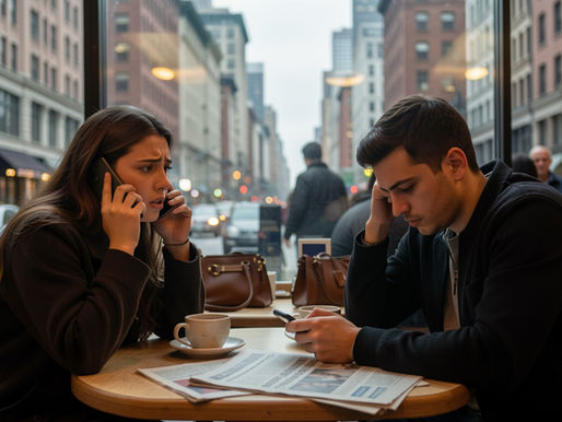 זוג ישראלי יושב בבית קפה בניו יורק על רקע גורדי שחקים. הבחורה משוחחת בטלפון בחרדה והבחור מביט מטה בעצב ודאגה.