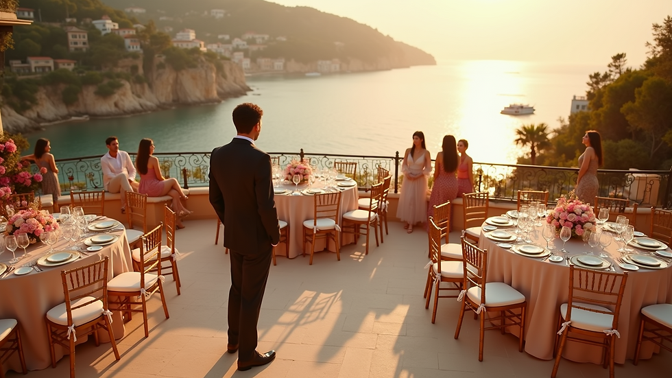 High angle view of an event planner coordinating a luxury corporate gathering