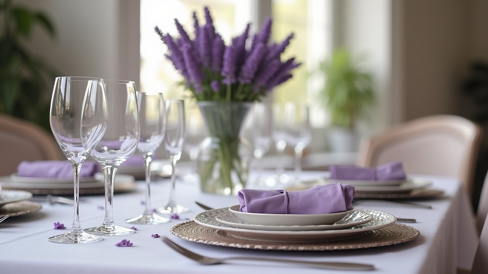 Close-up view of a beautifully set table with lavender and elegant tableware