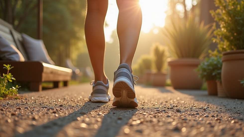 Close-up of running shoes on a gravel path during morning light