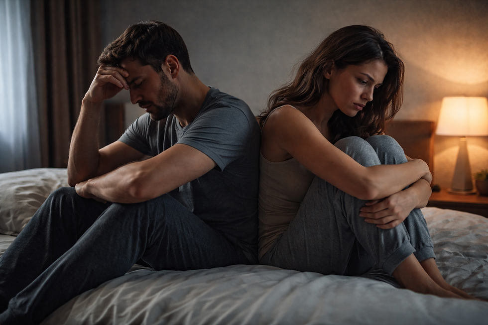 זוג יושב גב אל גב במיטה, מבטא ריחוק וניתוק רגשי בזוגיות