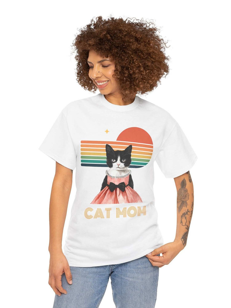 Küçük resim: Siyah Beyaz Kedi Tişört Cat Mom