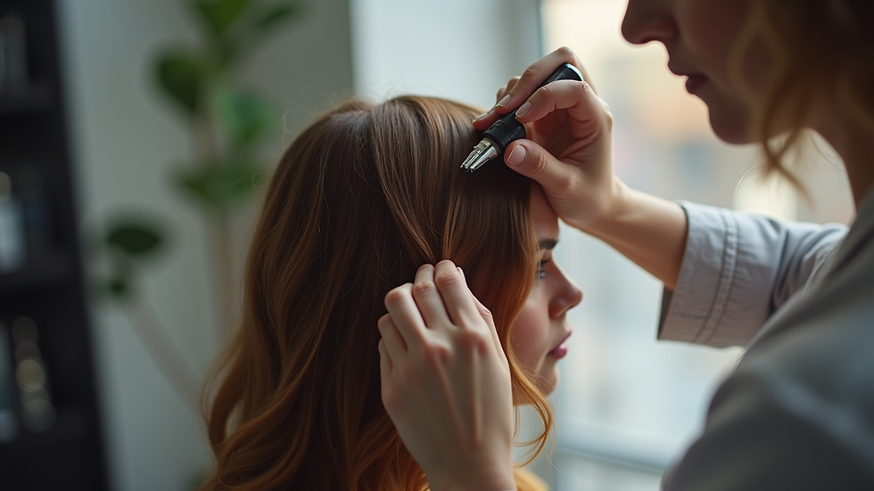 Eye-level view of a hairdresser applying scalp protection agent before hair coloring