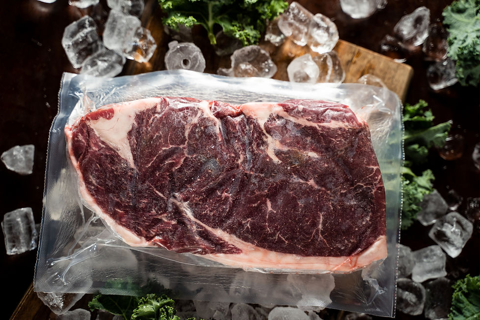 Beef sirloin steak on ice bird eye backside