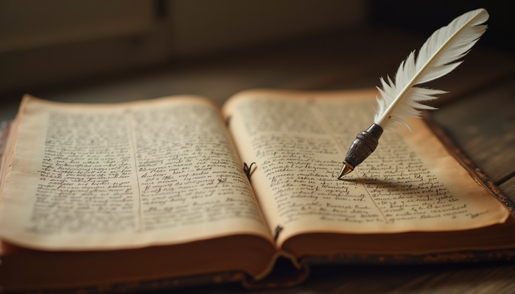 Eye-level view of an ancient scroll of 1st Corinthians 14 with a quill pen nearby