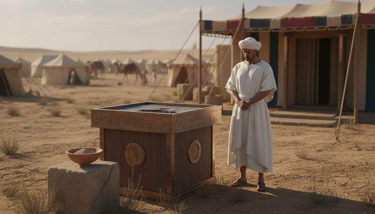 Eye-level view of a priest standing near a bronze altar outside the tabernacle