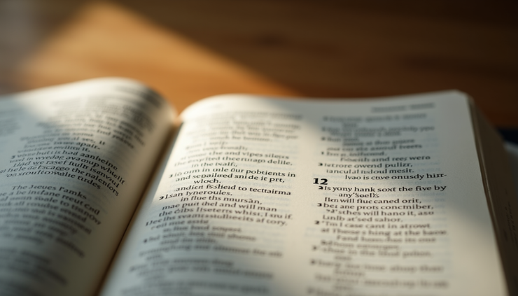 Eye-level view of an open Bible showing Proverbs 12 with a soft light illuminating the pages