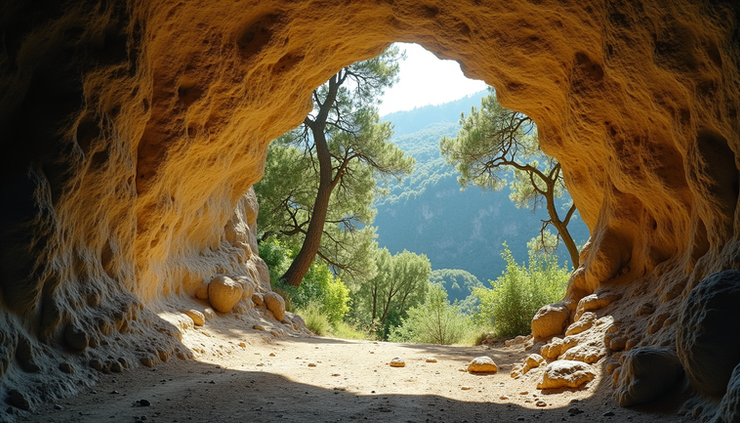 Eye-level view of the entrance to a rocky cave in Provence, France, surrounded by natural vegetation