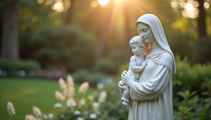 Eye-level view of a statue of the Blessed Virgin Mary holding the infant Jesus in a garden
