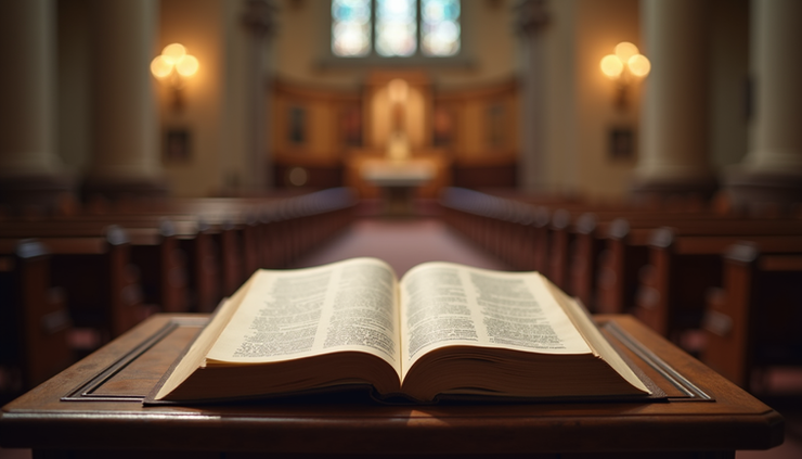 Eye-level view of an ancient open Bible resting on a wooden lectern in a softly lit church