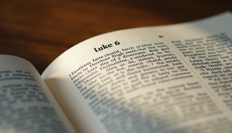 Eye-level view of an open Bible showing Luke 6 with highlighted verses