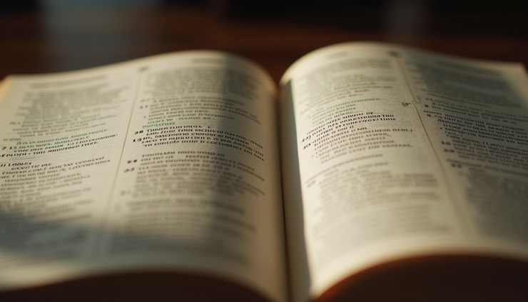 Eye-level view of an open ancient Bible showing 1st Corinthians 7 text