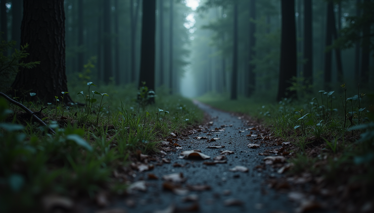 Close-up view of a dark, twisted path in a dense forest symbolizing deception and spiritual danger