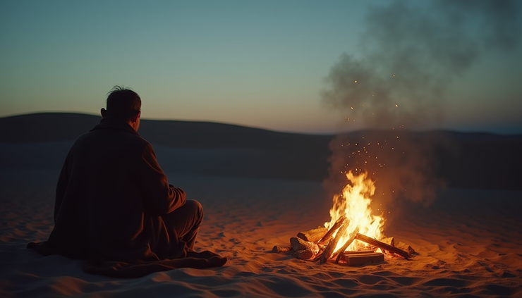Eye-level view of a desert landscape with a solitary figure seated near a campfire, symbolizing reflection and counsel