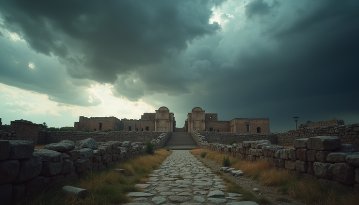 Eye-level view of a rugged ancient city ruins under a stormy sky