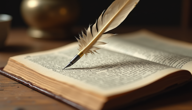 Eye-level view of an ancient scroll of 1st Corinthians with a quill pen on a wooden table