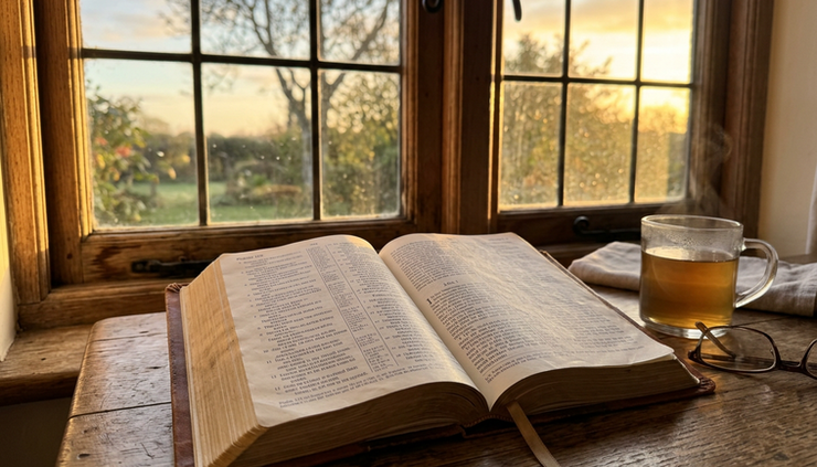 Wide-angle view of an open Bible resting on a wooden table near a window at sunrise.