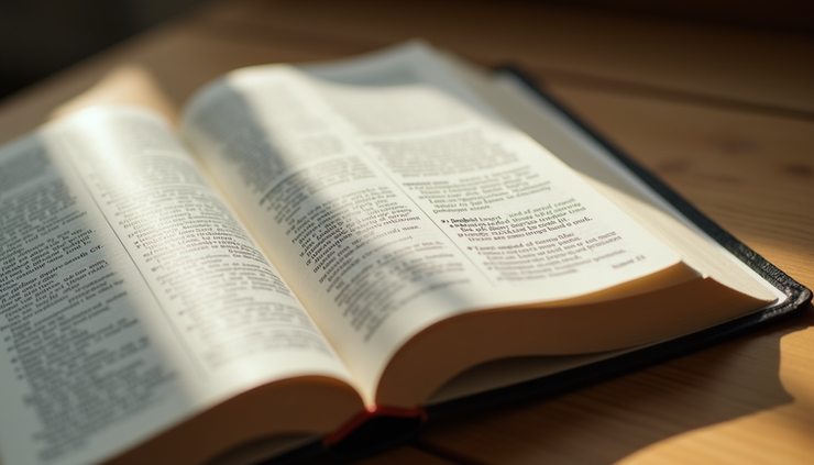 Eye-level view of an open Bible on a wooden table with soft natural light