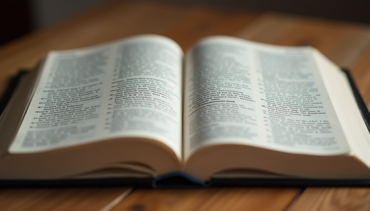 Eye-level view of an open Bible on a wooden table with soft natural light