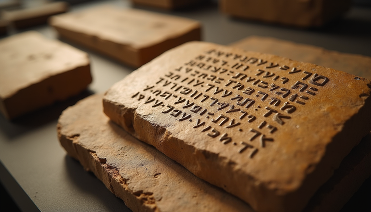 Eye-level view of an ancient stone tablet with engraved Hebrew script