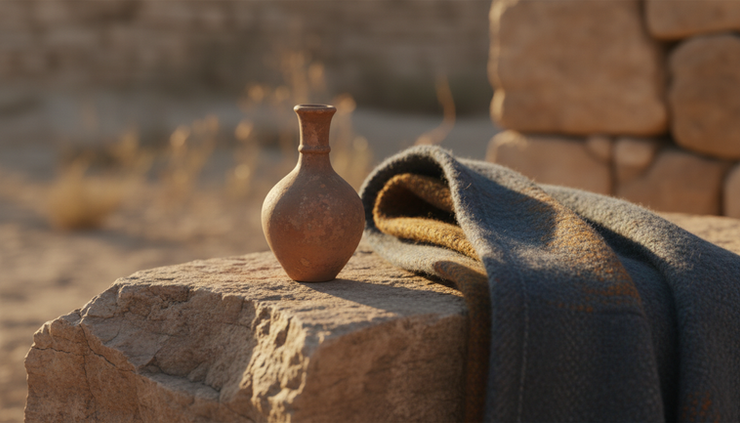 Close-up view of a small oil vial resting on a rough stone beside a folded cloak