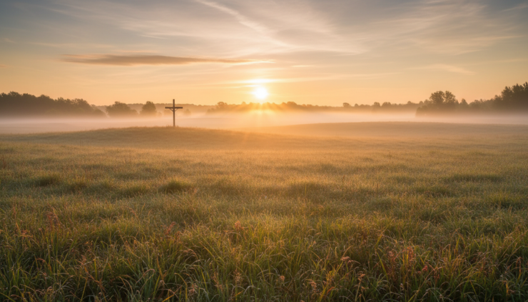 Wide-angle view of a quiet sunrise over an open field.