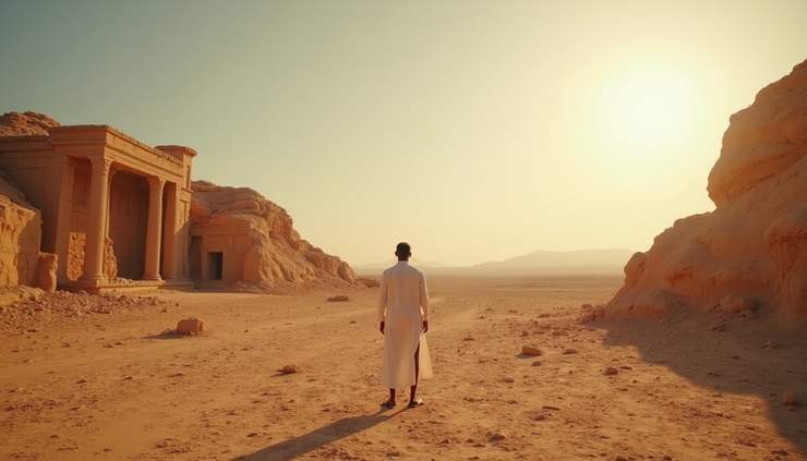 Eye-level view of a desert landscape with a solitary figure standing near ancient ruins