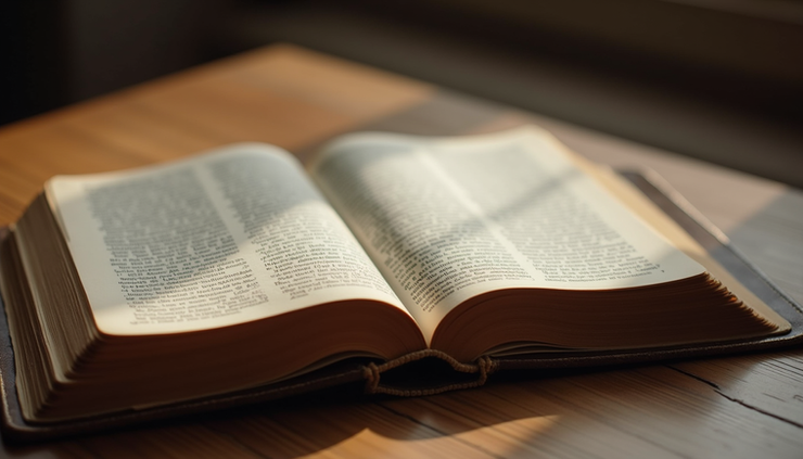 Eye-level view of an open ancient Bible resting on a wooden table with soft natural light