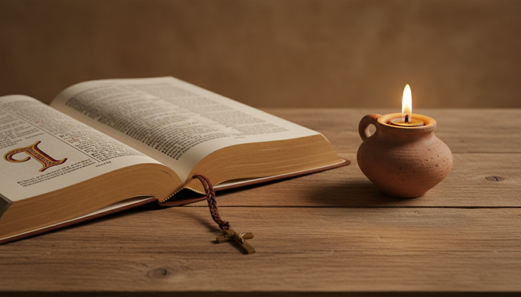 Close-up view of an open Bible resting beside a small oil lamp