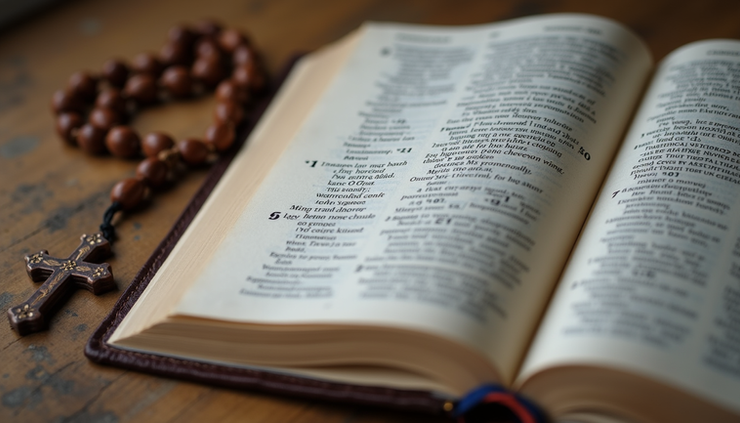 Eye-level view of an open Bible showing Proverbs chapter 6 with a wooden rosary beside it
