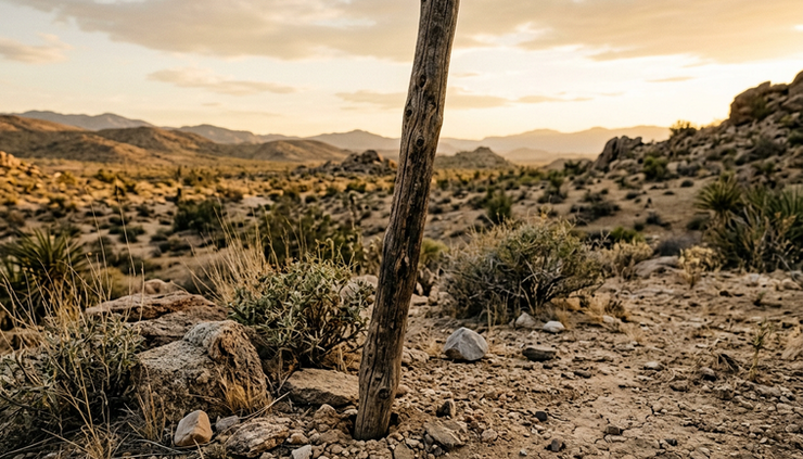 Low-angle view of a weathered wooden staff planted firmly in dry ground near desert stones