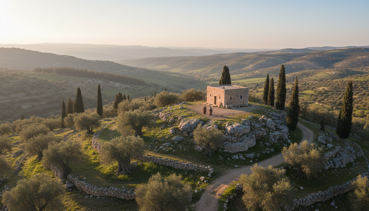 Wide-angle view of a quiet hill shrine in ancient Israel.