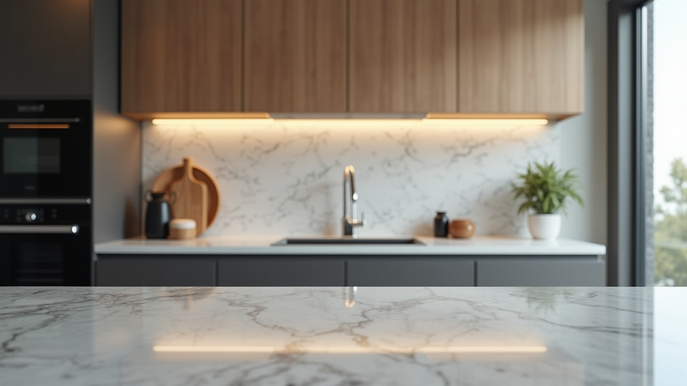 Eye-level view of a sleek kitchen with polished granite worktops and modern cabinetry