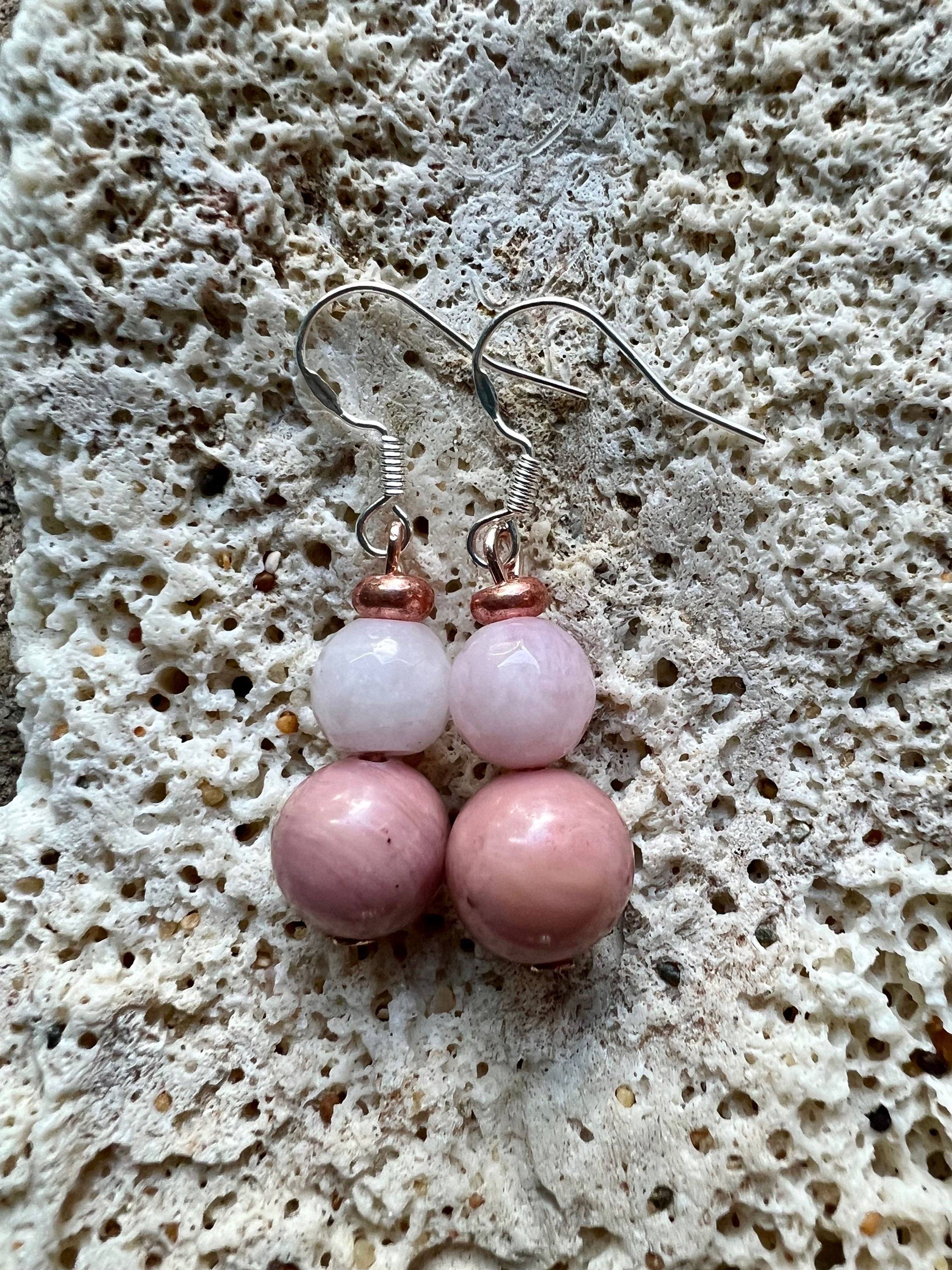 Pink Petrified Wood and Rose Quartz Crystal Earrings