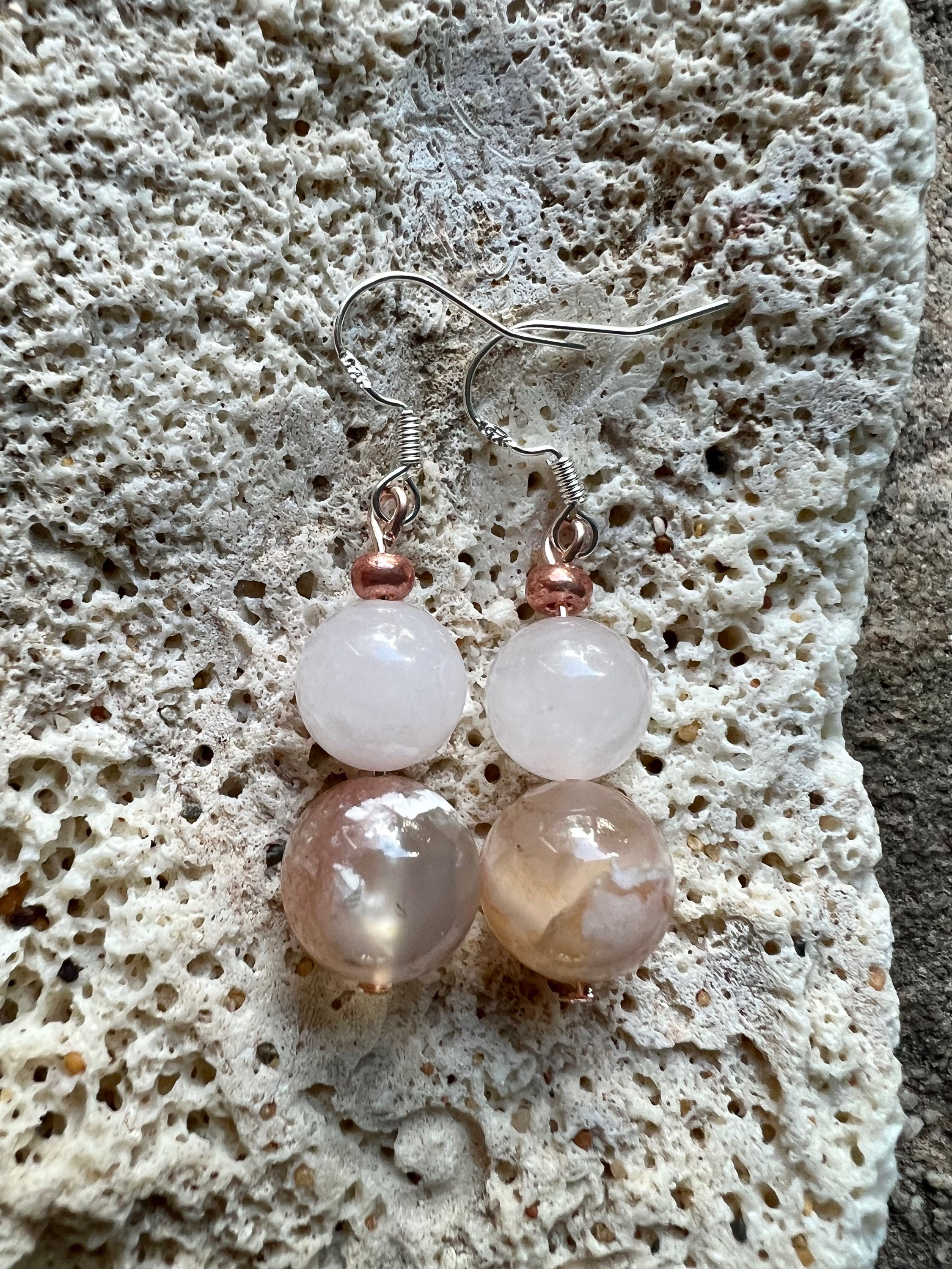 Rose quartz and Flower Agate Crystal Earrings