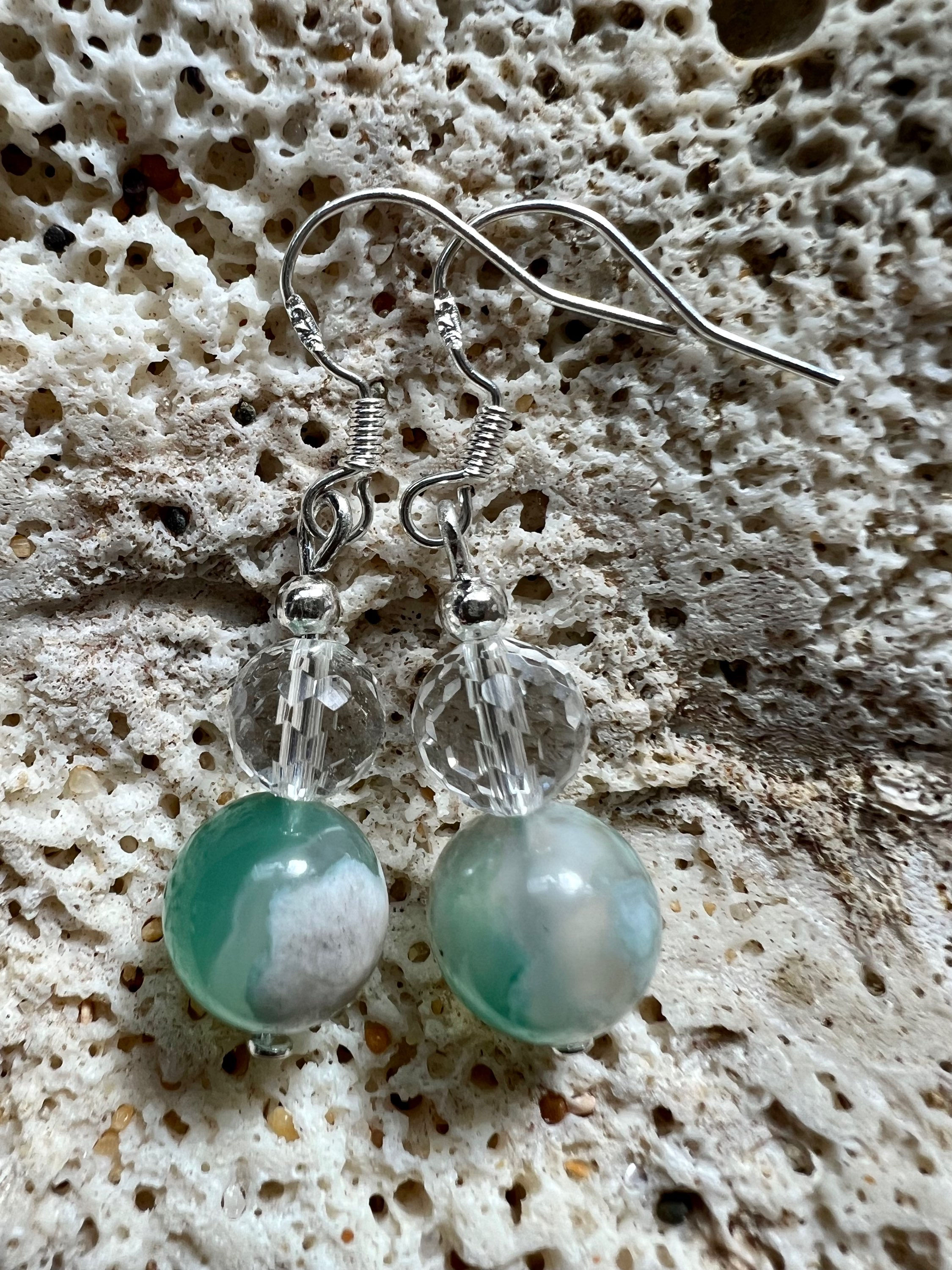Green Flower Agate and Clear Quartz Crystal Earrings
