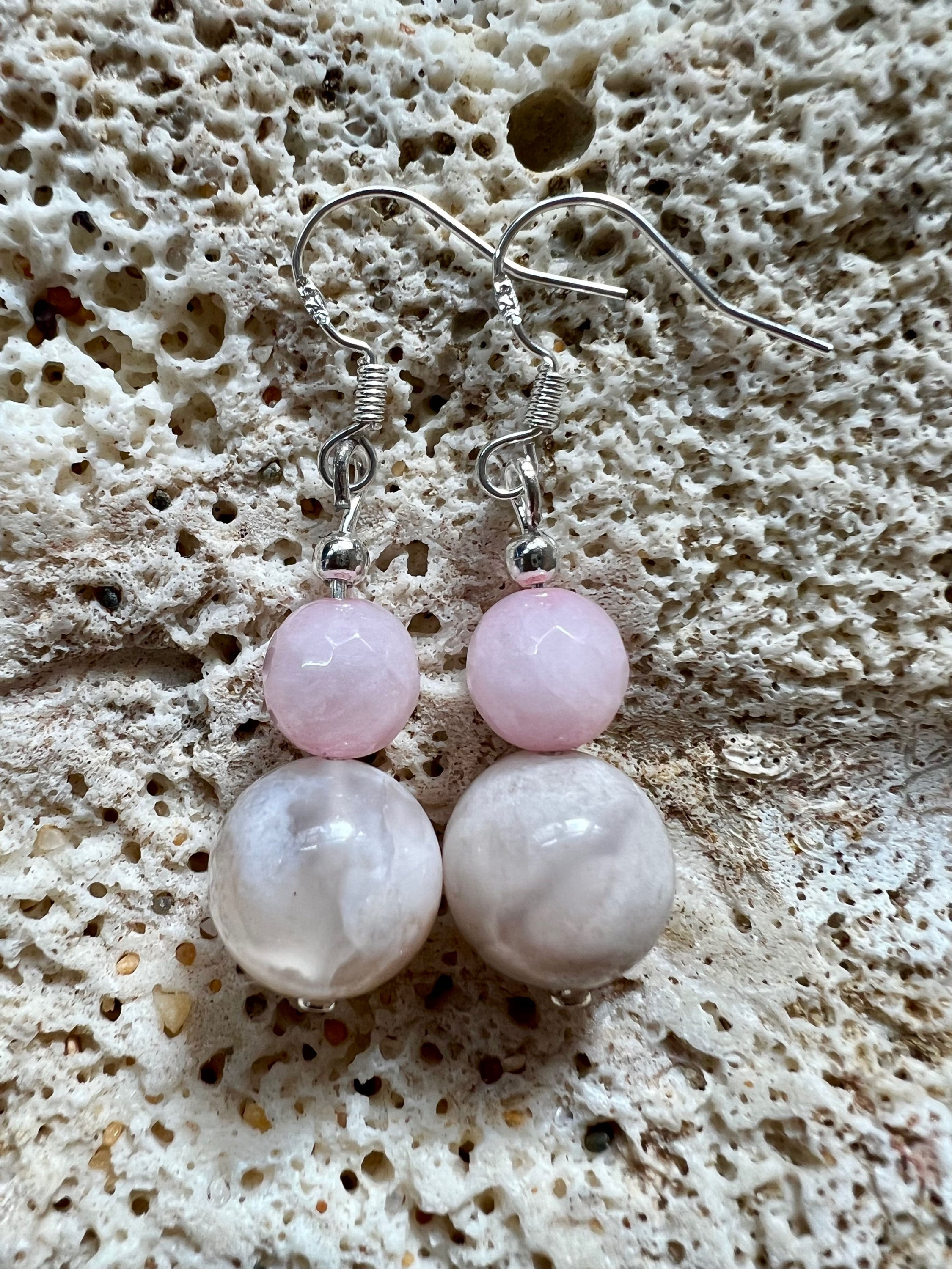 Flower Agate and Rose Quartz Crystal Earrings
