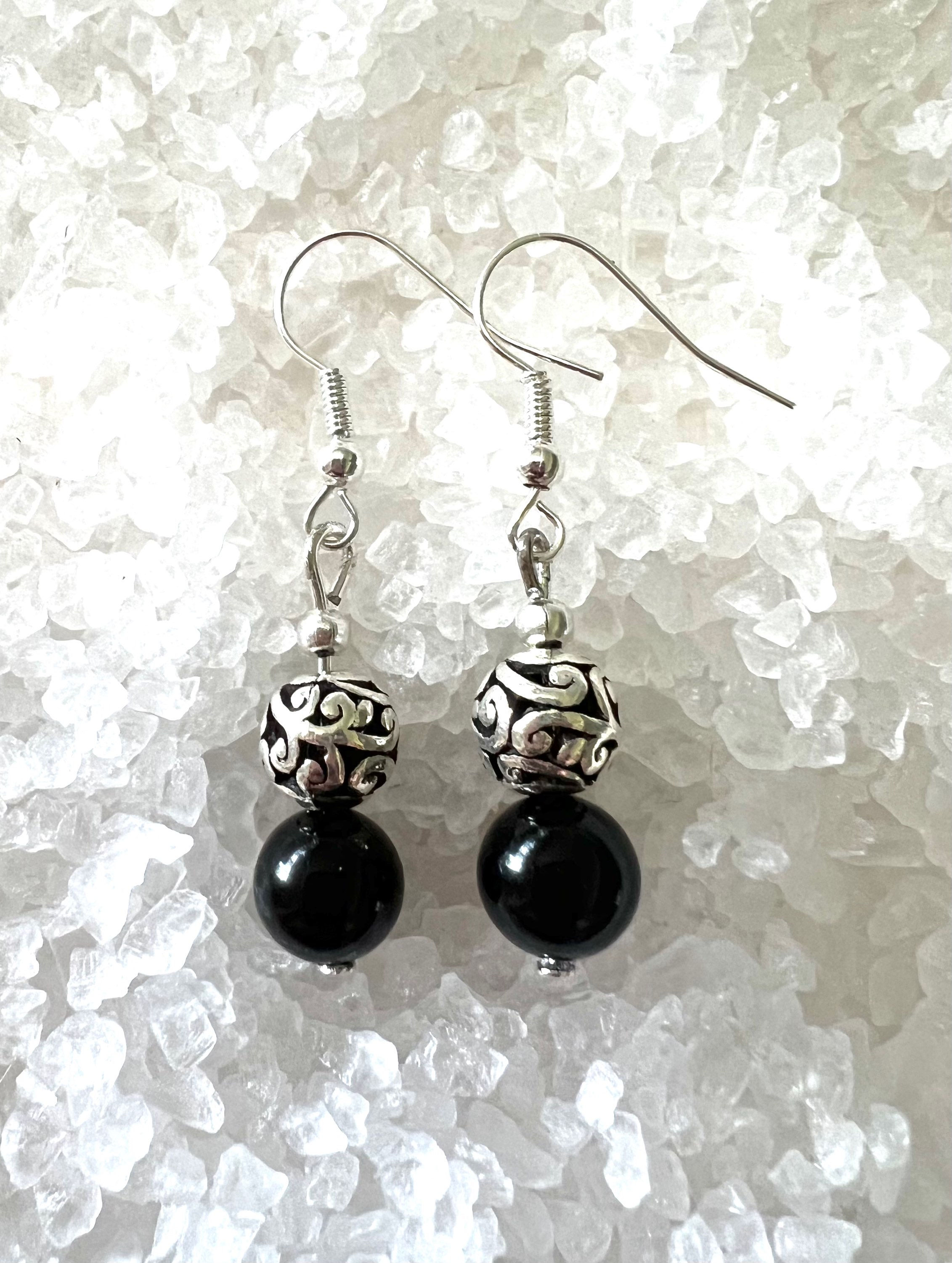 Black Obsidian and Filigree Crystal Earrings