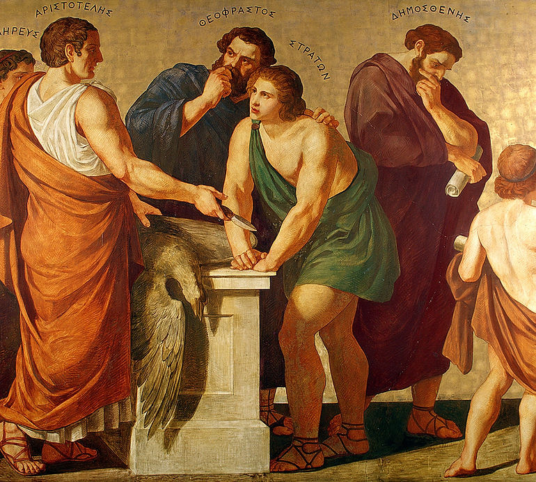 Aristotle lectures Theofrastos and Stratos, with one hand posed on a rooster, the right hand is hodind a knife, while Dimosteni is deeply thinking, having in hand a scroll.