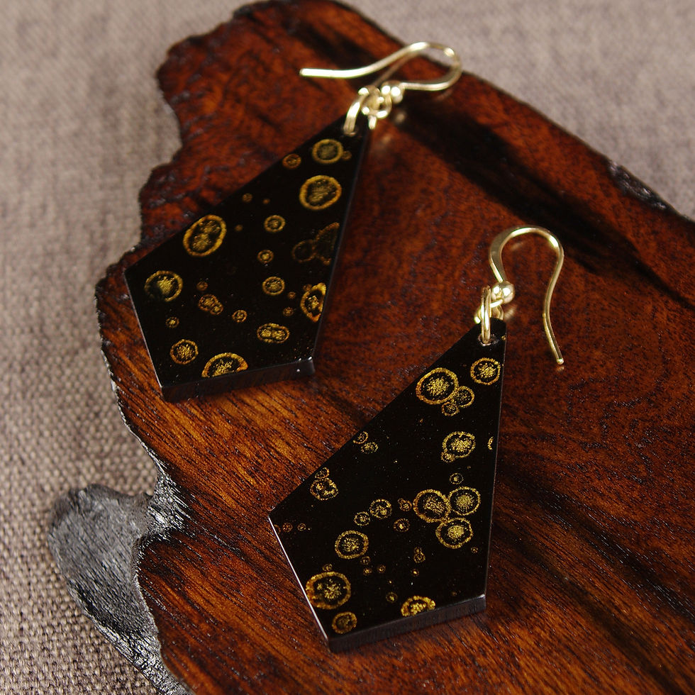 Geometric rhombus dangle earrings with Flowing Gold lacquer pattern on black
