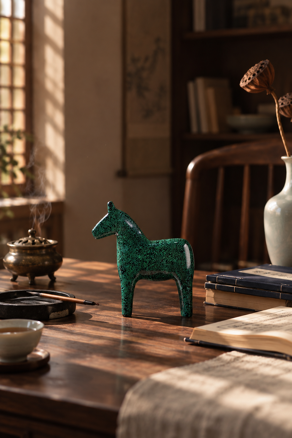 Green rhino skin Chinese lacquer Dala horse on a wooden desk beside an incense burner, tea cup and books