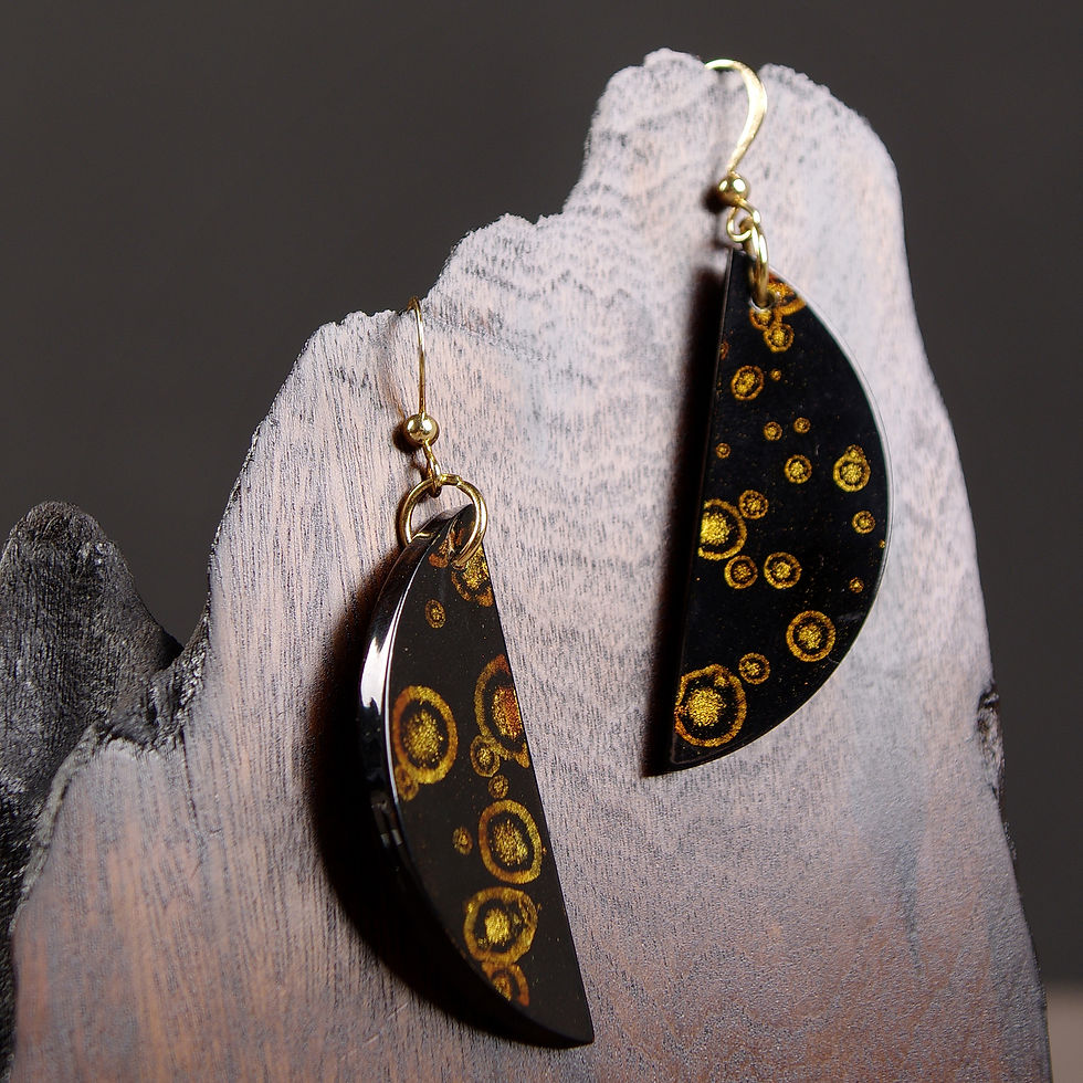 Half-moon dangle earrings with Flowing Gold lacquer pattern on black