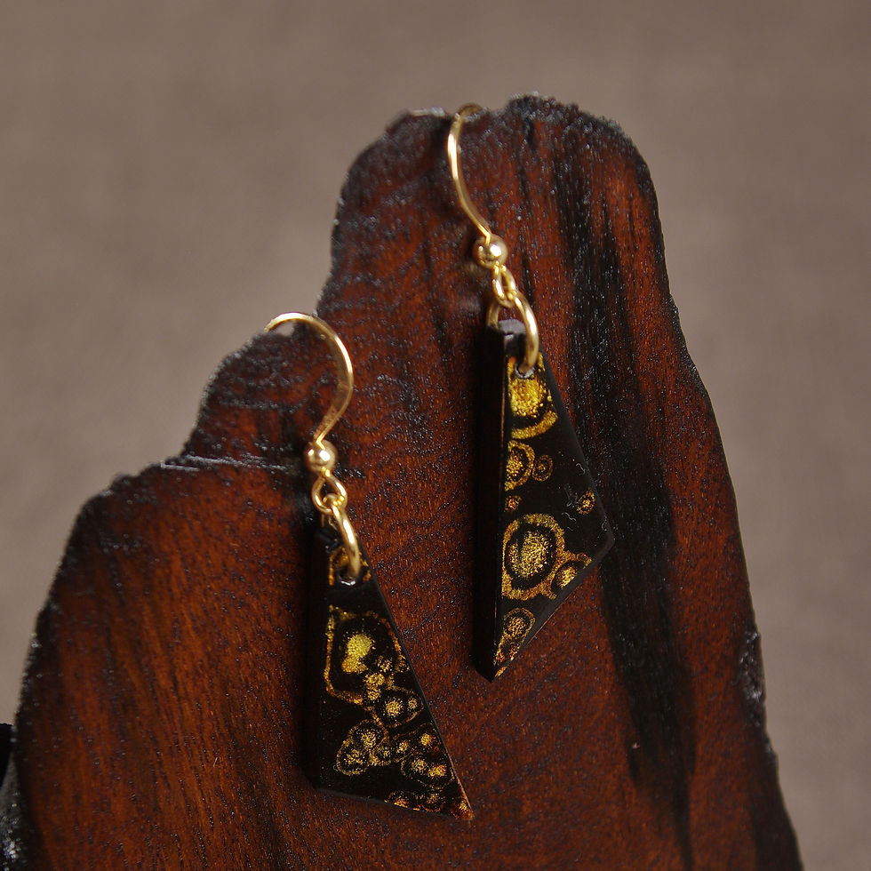 Asymmetrical Triangle flowing gold Chinese lacquer dangle earrings with gold-plated ear wires, by HFDlacquerware